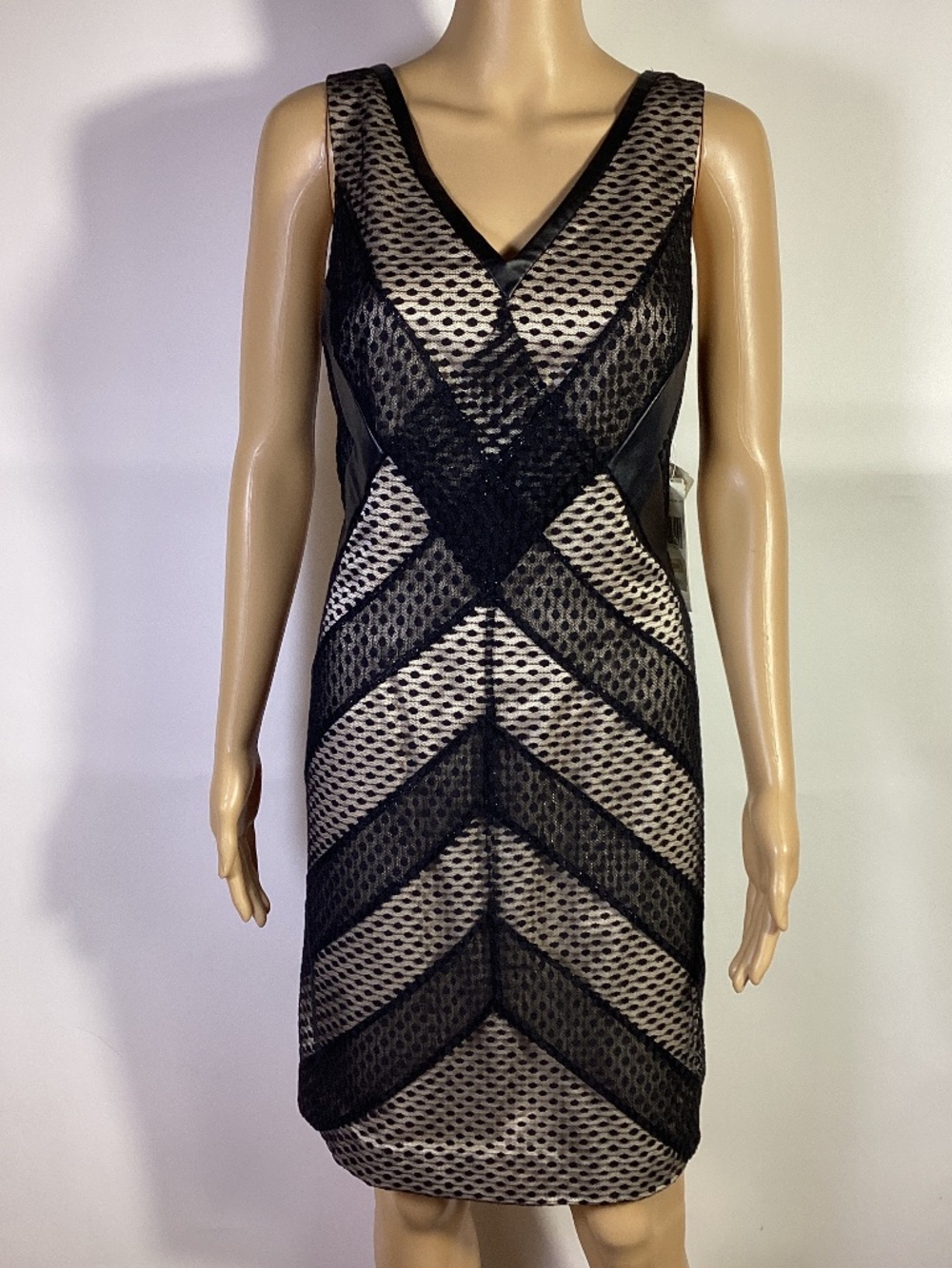 Phoebe NWT Black faux leather Netted patchwork evening dress Sz 10